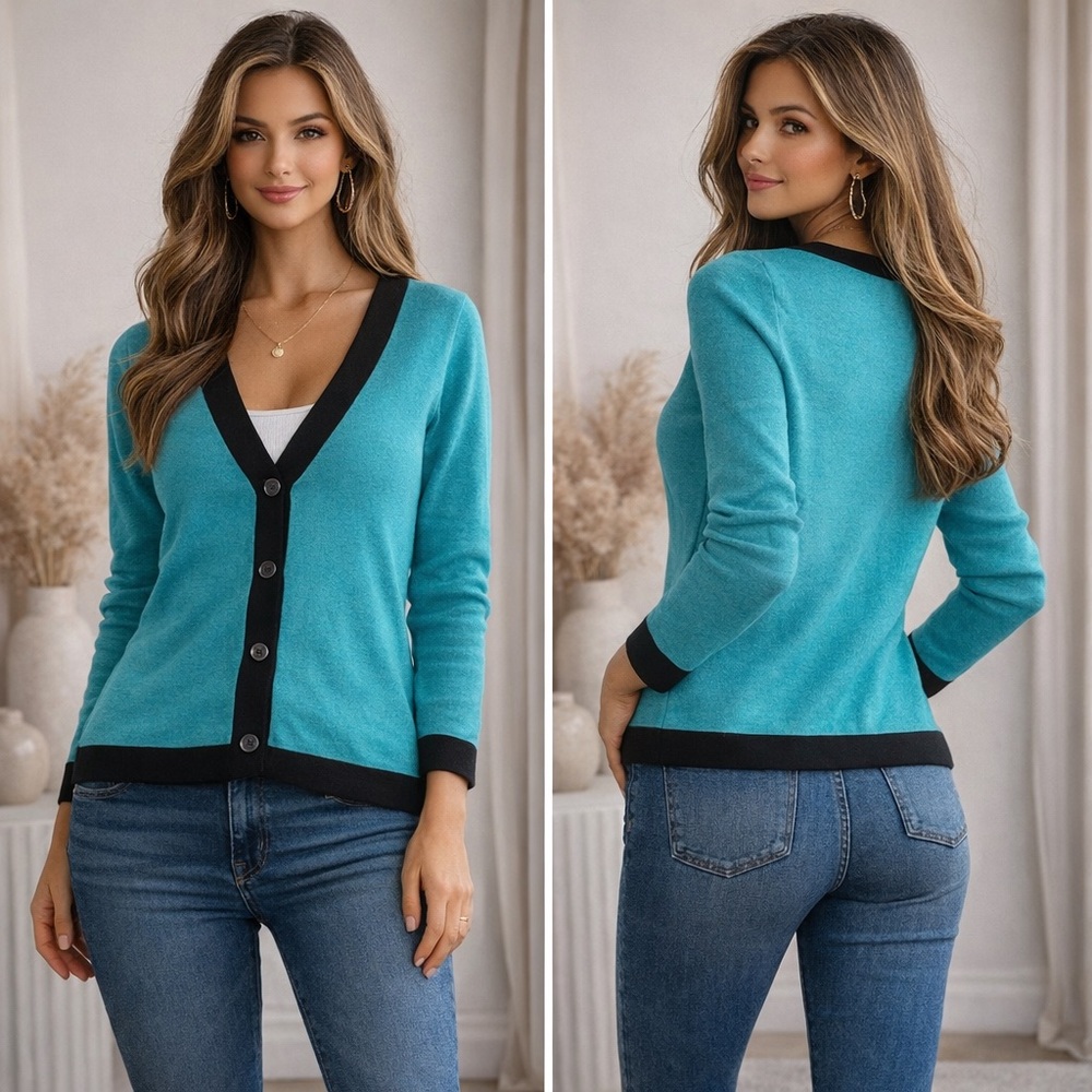 Michael Kors Teal & Black Button Front Cardigan Sweater Size Large